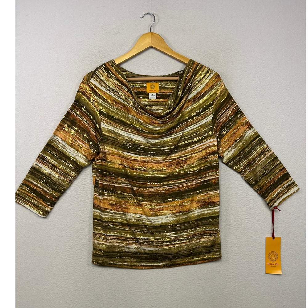 Boho Metallic Ruby Rd. Womens Medium Gold Ivory Striped Cowl Neck Top Fall